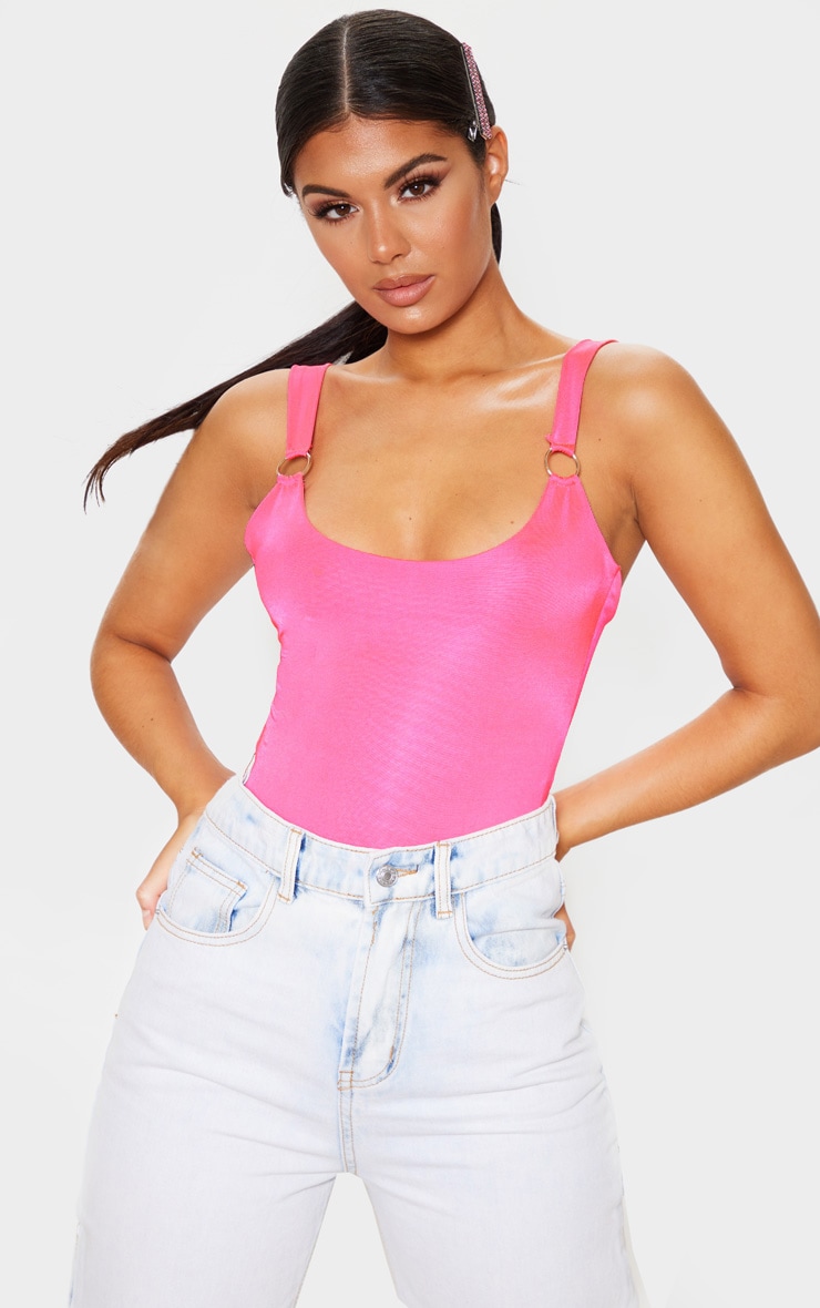 Neon Pink Slinky Scoop Neck O-Ring Bodysuit