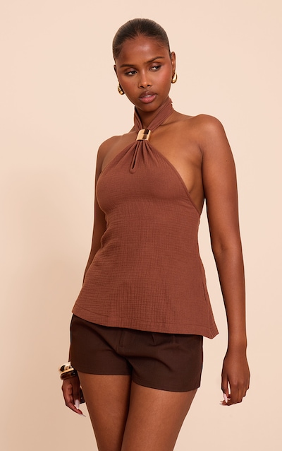 Chocolate Lightweight Woven Halterneck Trim Detail Top