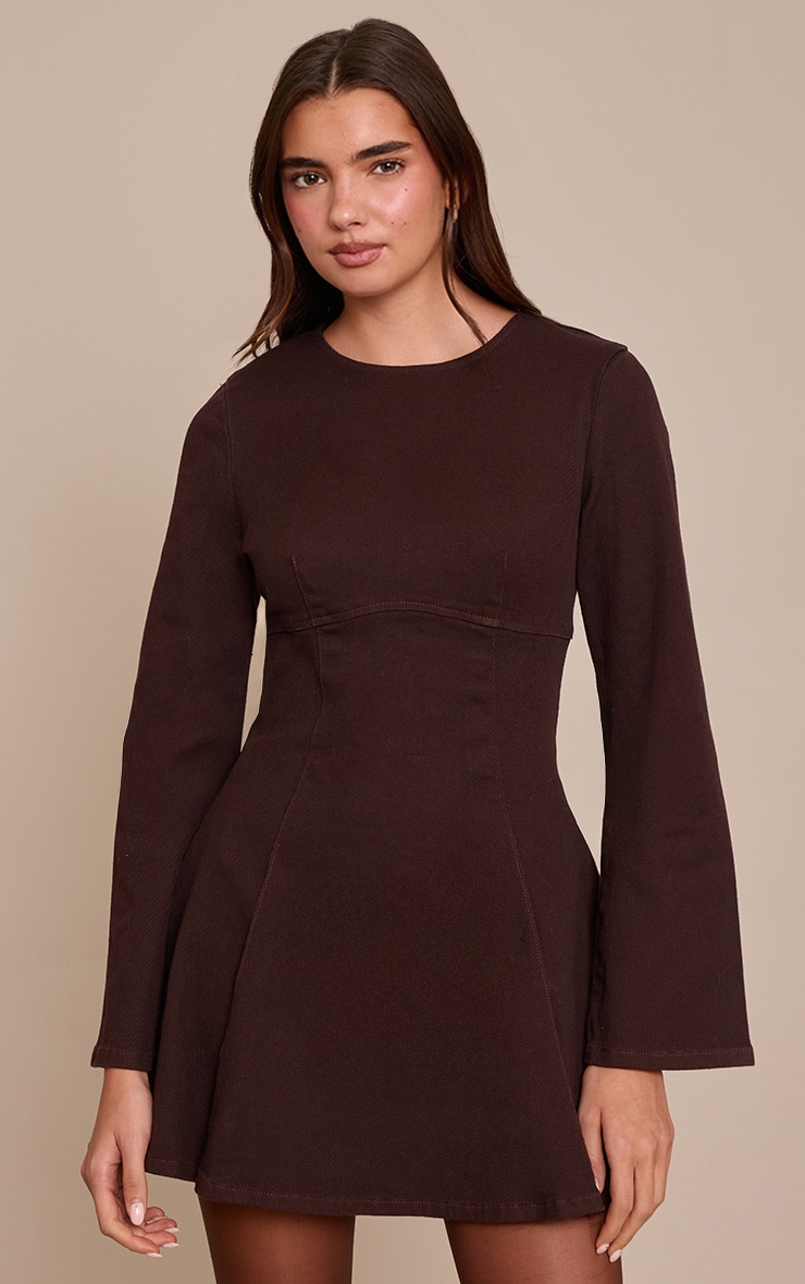 Dark Chocolate Long Sleeve Cinch Waist Denim Mini Dress image 1