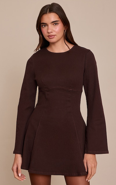 Dark Chocolate Long Sleeve Cinch Waist Denim Mini Dress