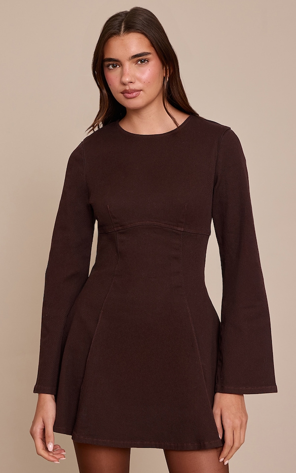 Dark Chocolate Long Sleeve Cinch Waist Denim Mini Dress
