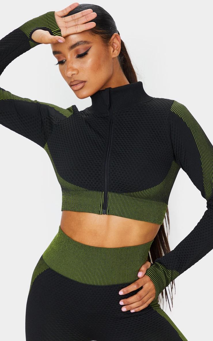 Black Multi Textured Cropped Zip Up Sports Top