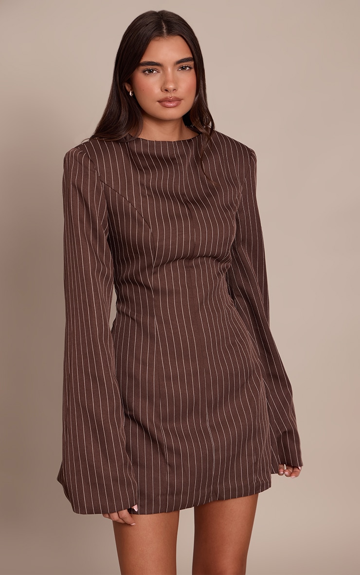 Chocolate Pinstripe Boat Neck Structured Long Sleeve Mini Dress