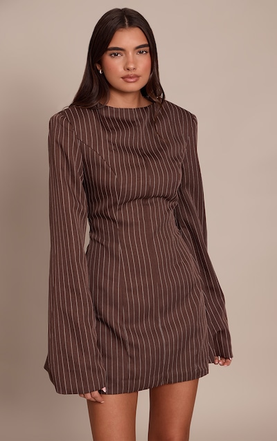 Mini robe structurée chocolat finement rayée à col bateau et manches longues