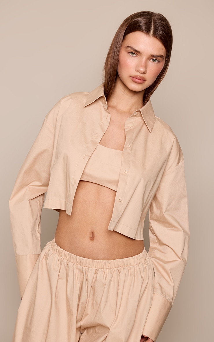 Taupe Woven Cropped Shirt image 1