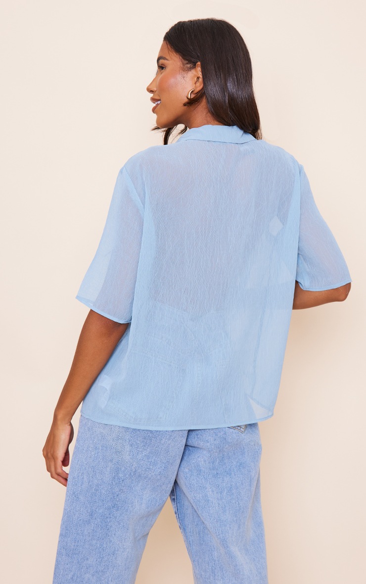 Blue Crinkled Short Sleeve Oversized Shirt image 2