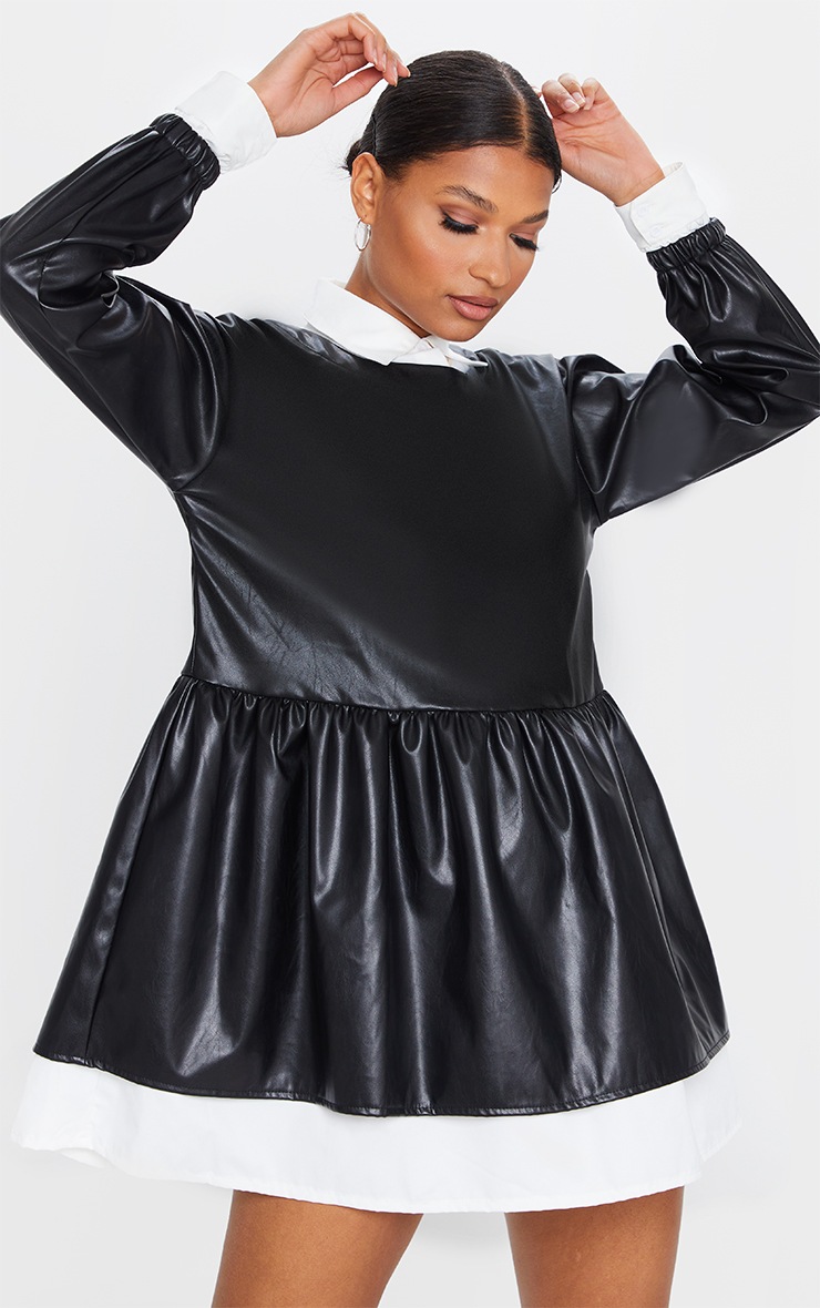 Black Faux Leather Shirt Detail Smock Dress