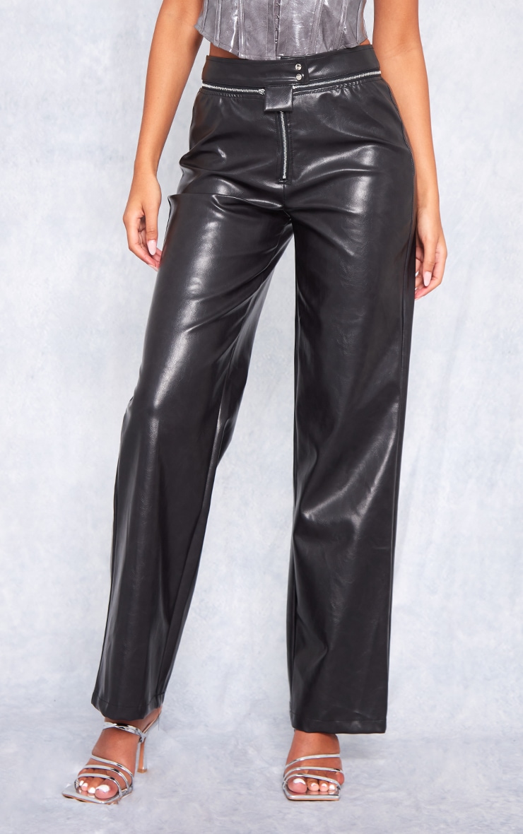 Tall Black Faux Leather Zip Detail Straight Leg Pants image 2