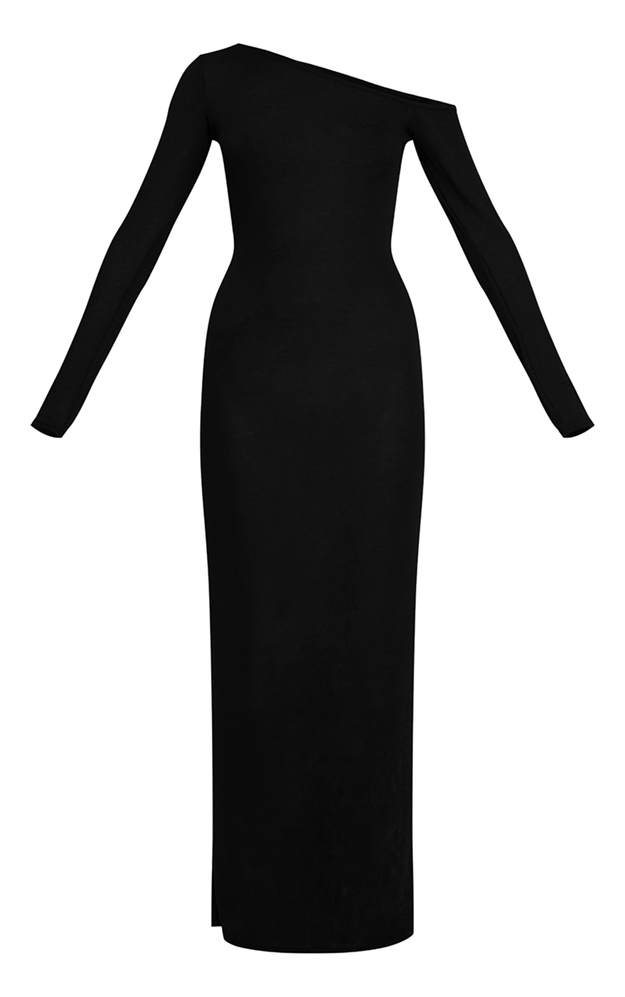 Black Textured Jersey Asymmetric Long Sleeve Maxi Dress image 5