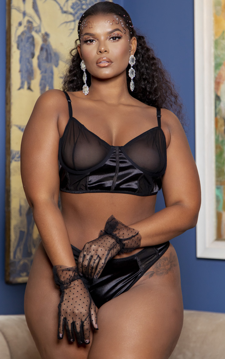 PLT Plus - Soutien-gorge long noir satiné à parties mesh et armatures