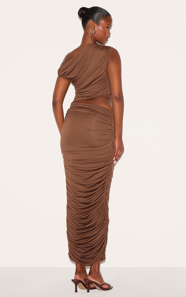 PLT Label Chocolate One Shoulder Ruched Cut Out Maxi Dress image 2