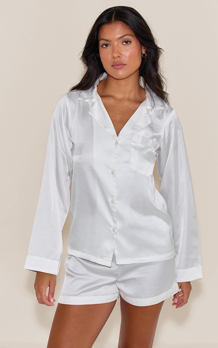 White Satin Long Sleeve Short Pj Set image 4