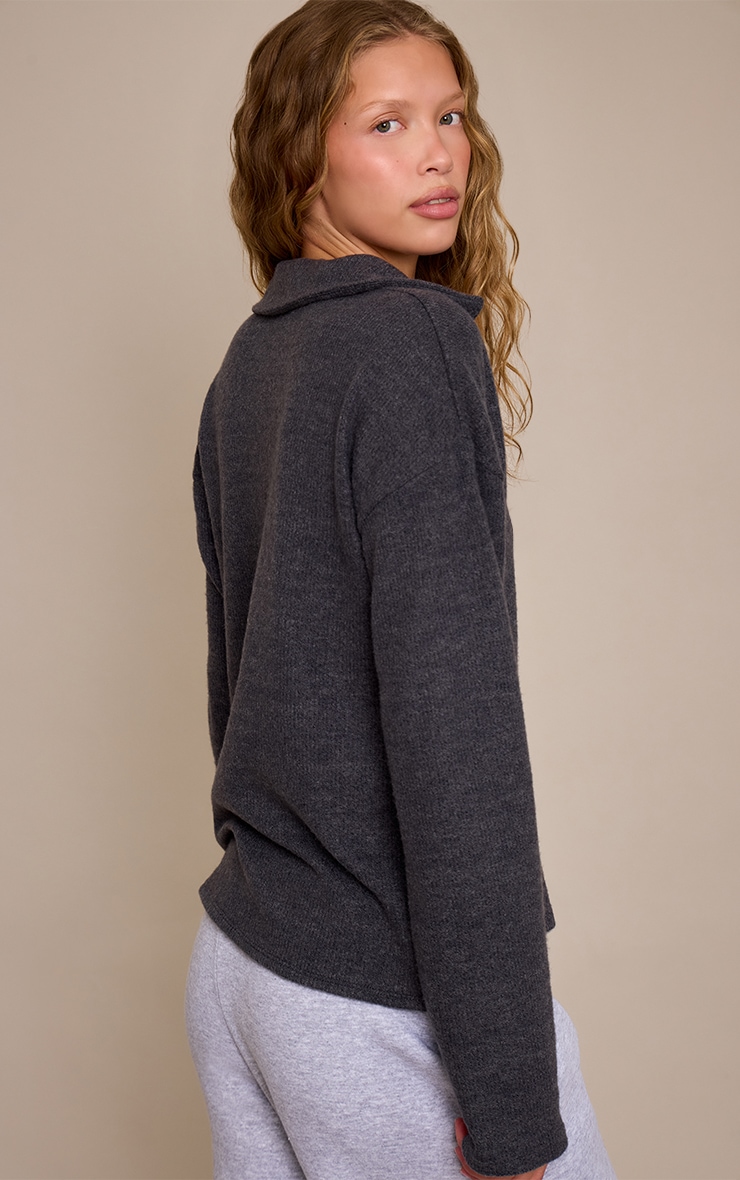 Charcoal Wool Rib Collar Detail Long Sleeve Slouchy Top  image 2