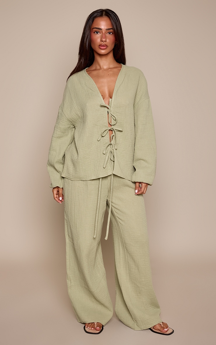 Petite Sage Cheesecloth Textured Wide Leg Trouser