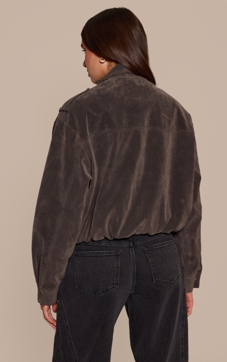 Dark Grey Funnel Neck Pocket Detail Faux Suede Bomber  image 2