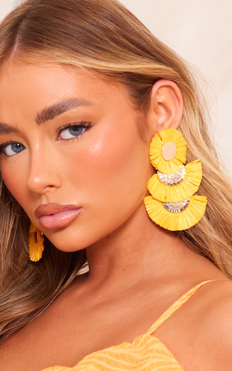 Bright Yellow Raffia Tassel Flower Statement Earrings | Accessories ...
