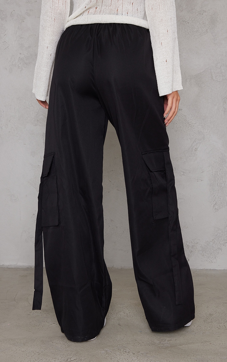 Black Elasticated Waist Wide Leg Cargo Trousers image 3