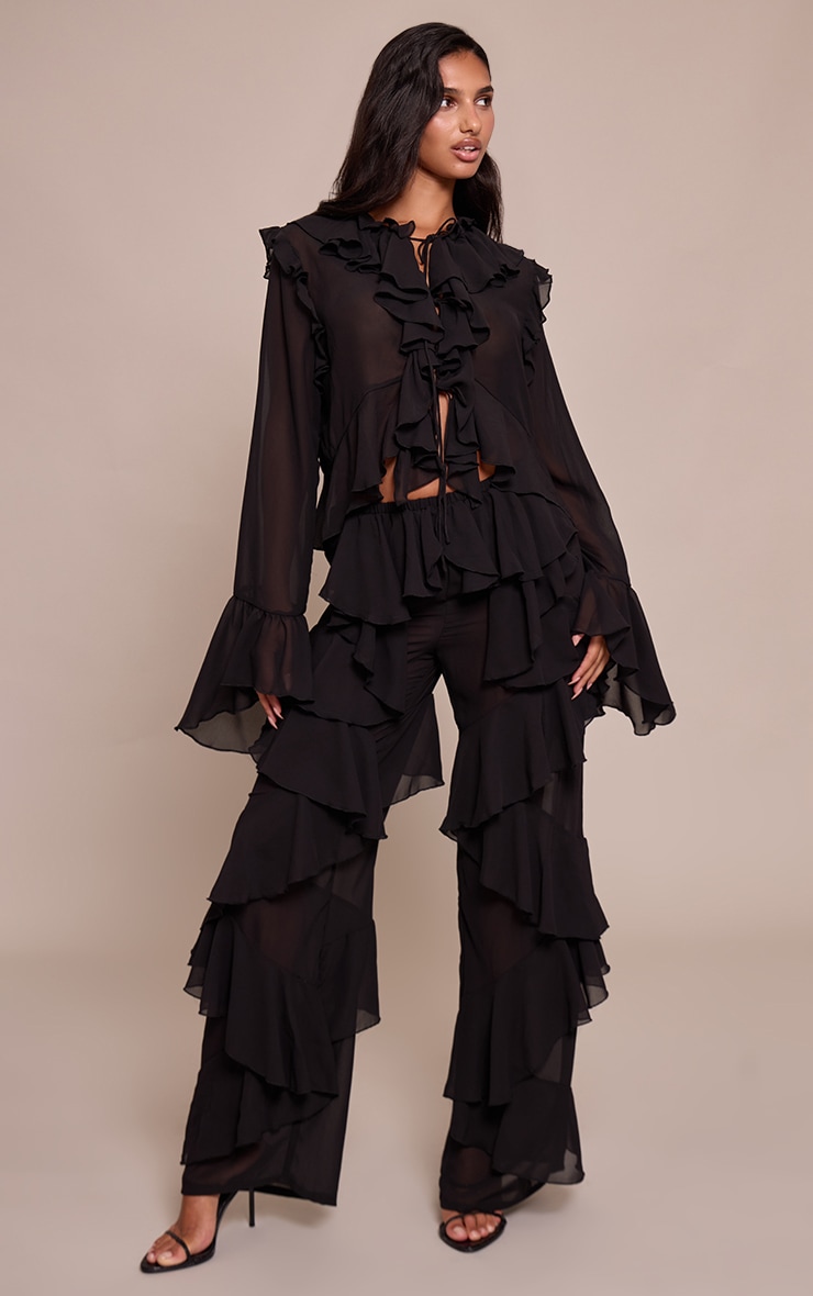 Black Chiffon Frill Long Sleeve Shirt image 3