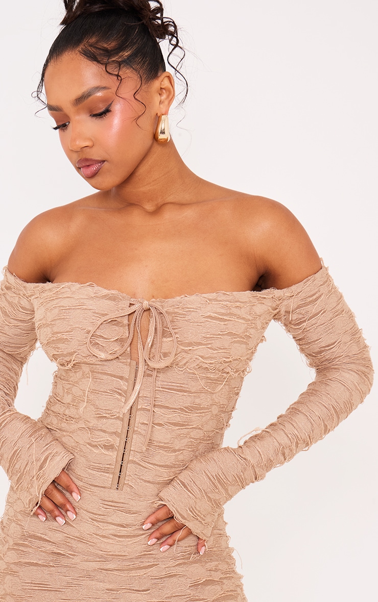 Beige Textured Bardot Long Sleeve Cup Detail Tie Front Mini Dress image 4