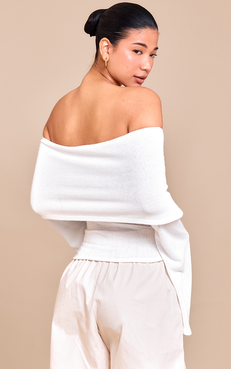 White Textured Fold Over Bardot Extreme Flute Sleeve Long Top image 2