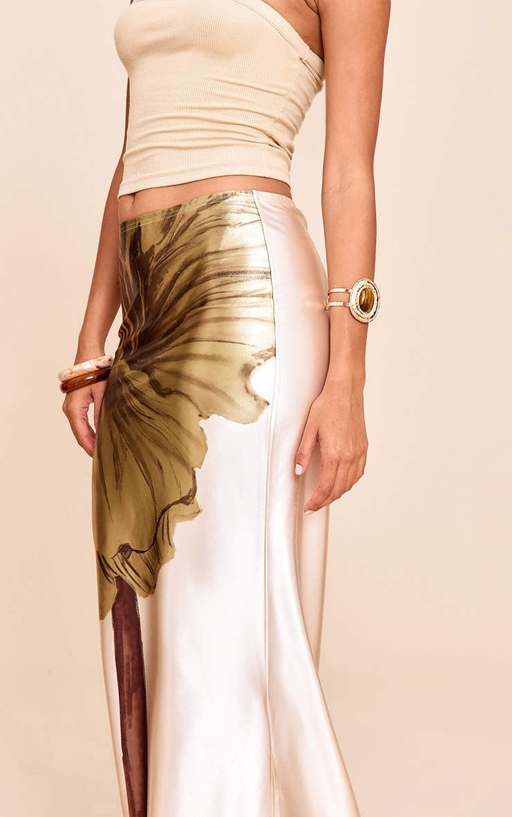 Ecru Floral Print Stretch Satin Maxi Skirt image 4