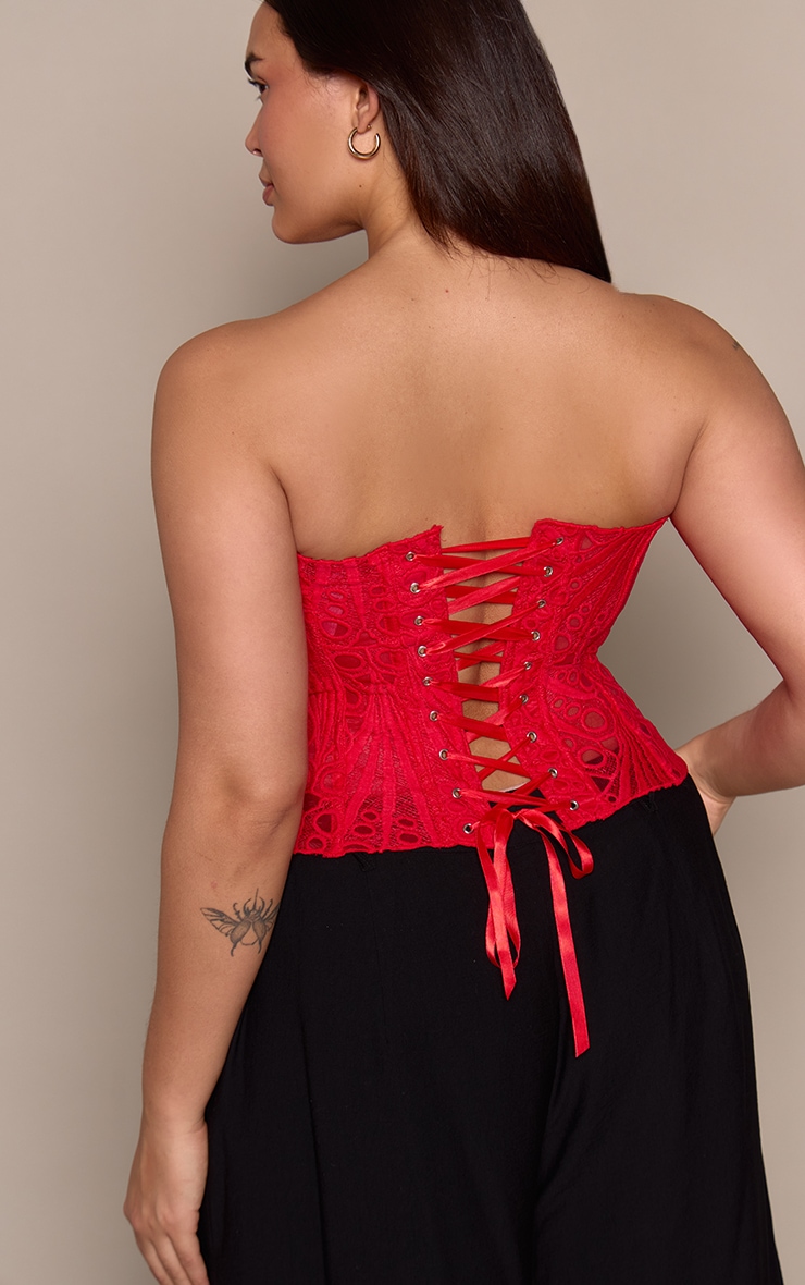 Plus Red Textured Sheer Floral Lace Corset image 2