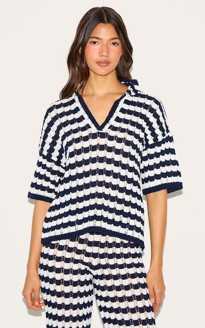 Navy Crochet Stripe Rugby Knit Top