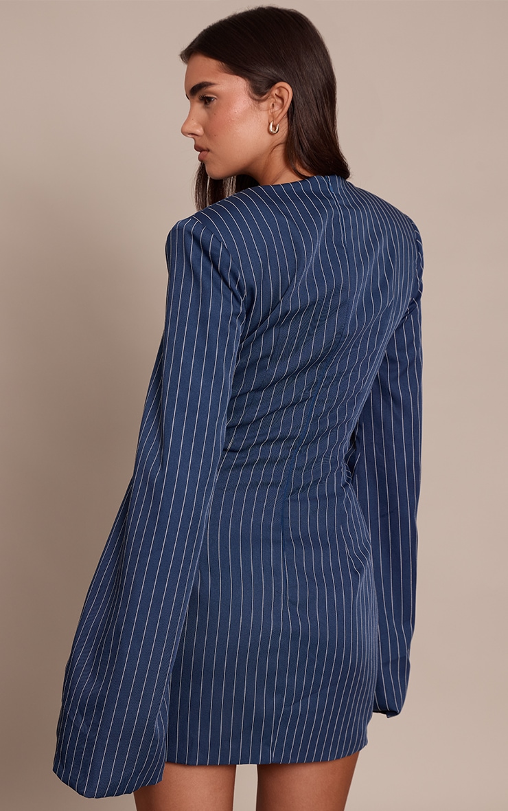Navy Pinstripe Boat Neck Structured Long Sleeve Mini Dress image 2