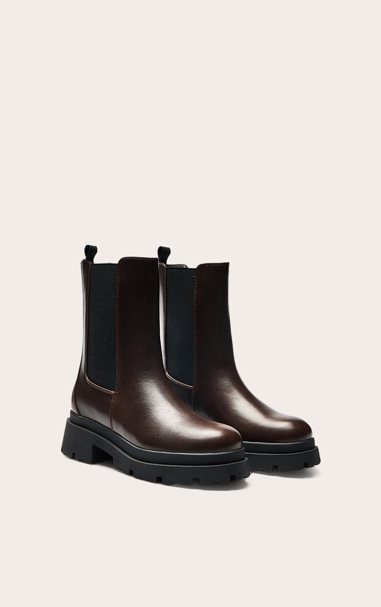 Chocolate PU Chunky Sole Chelsea Boots image 3