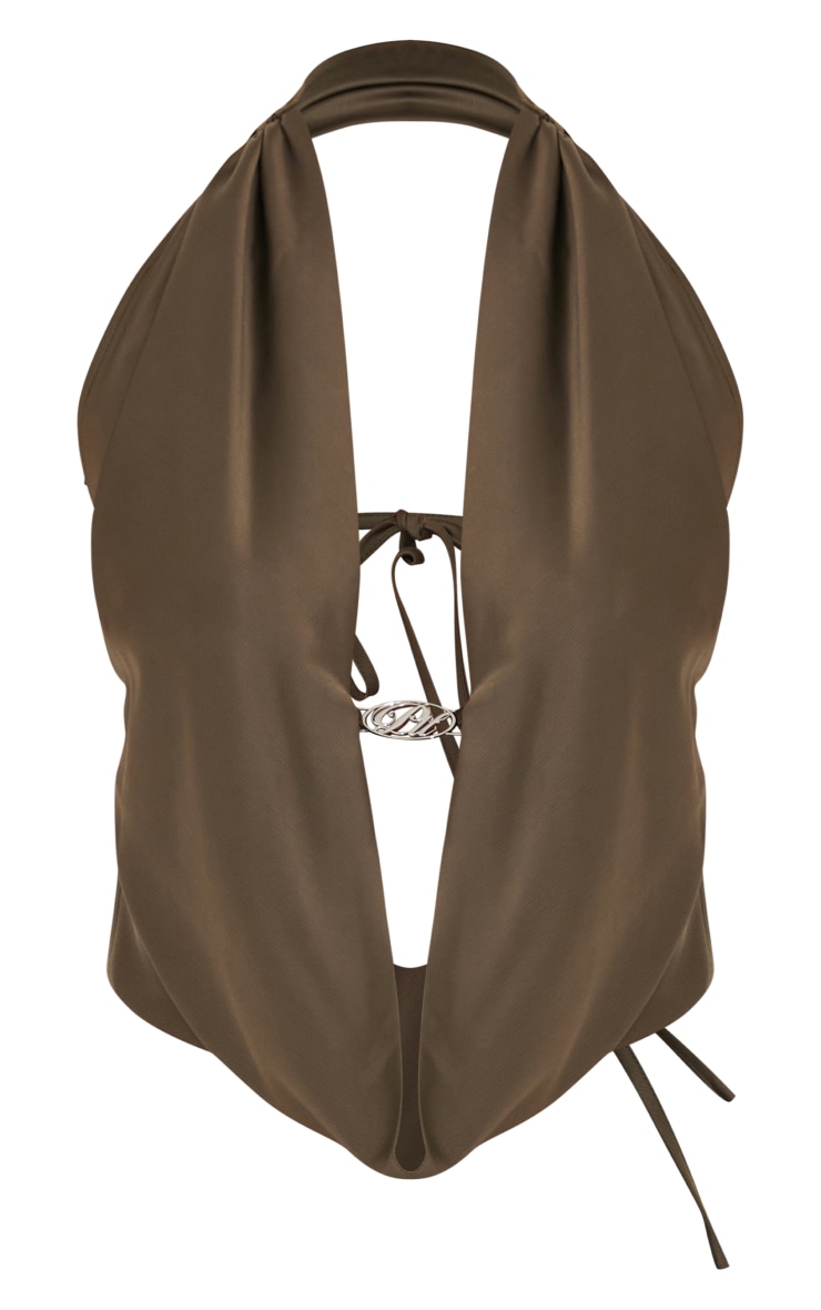 PRETTYLITTLETHING Khaki Satin Cowl Halterneck Crop Top image 5