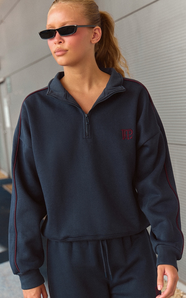 Navy PLT Contrast Binding Funnel Neck Zip Sweatshirt
