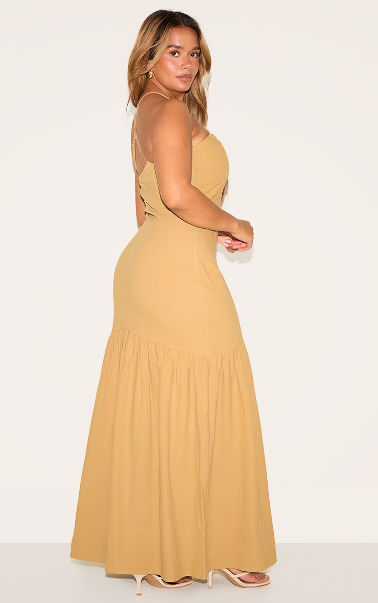 Shape Khaki Linen Look Gold Wave Trim Dropped Hem Maxi Dress image 2