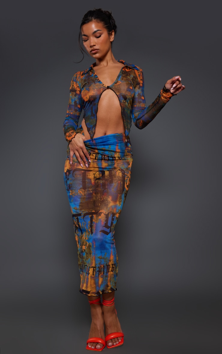 Blue Abstract Collage Print Mesh Raw Hem Midaxi Skirt