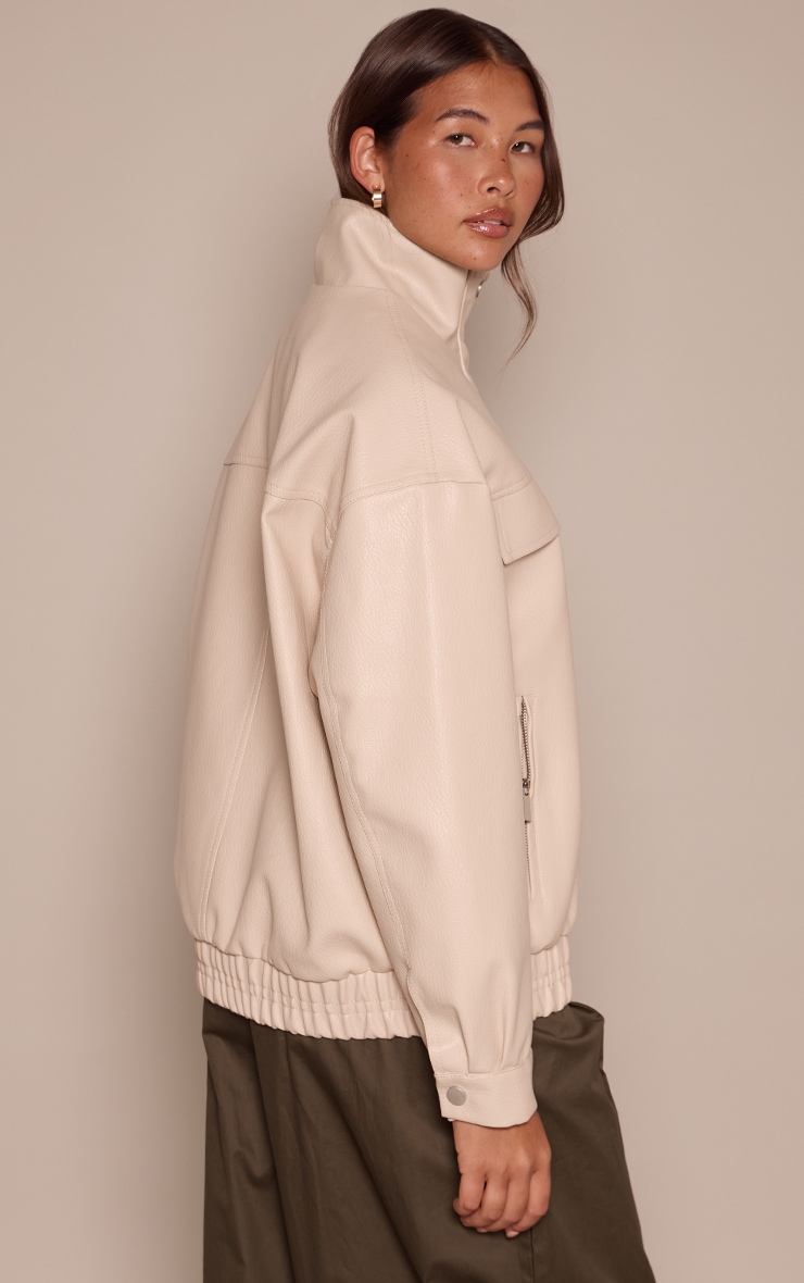 Stone Funnel Neck Concealed Placket Faux Leather Jacket image 2