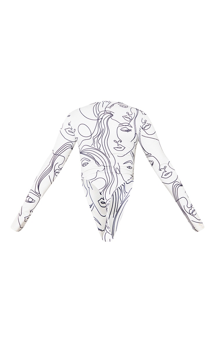 White Slinky Abstract Face Print Long Sleeve Bodysuit image 6