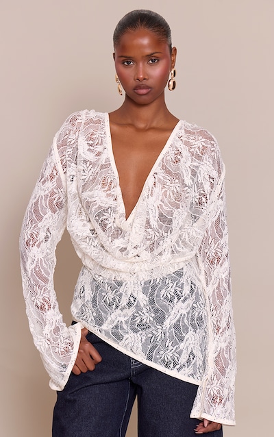 Cream Sequin Lace Cowl Front Top