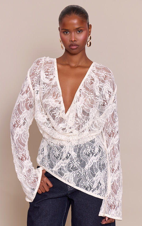 Cream Sequin Lace Cowl Front Top
