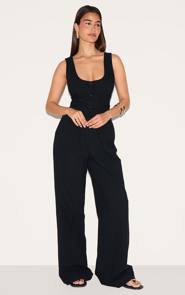 Black Linen Look Tailored Scoop Neck Fitted Vest image 3