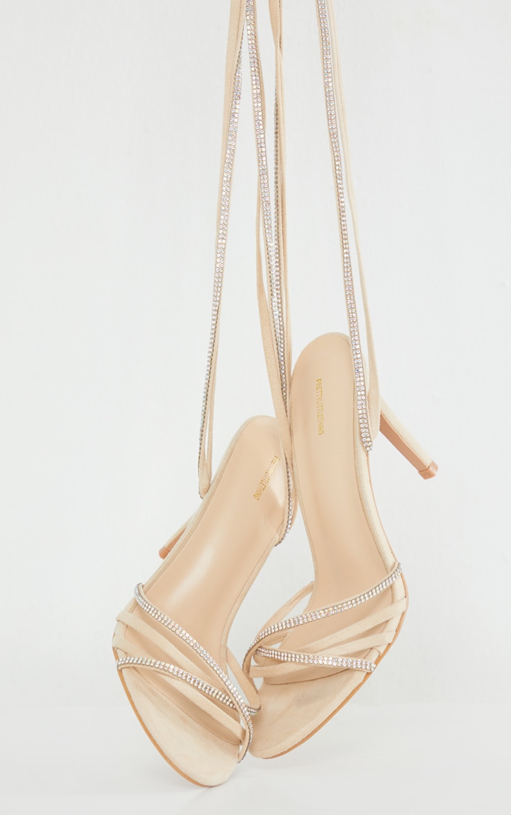 Nude Faux Suede Strappy Lace Up Diamante Heels
