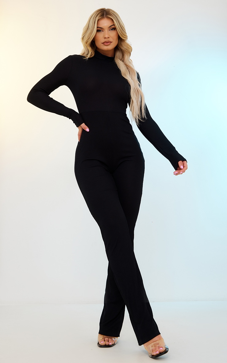 Black Ribbed High Neck Flared Jumpsuit PrettyLittleThing USA