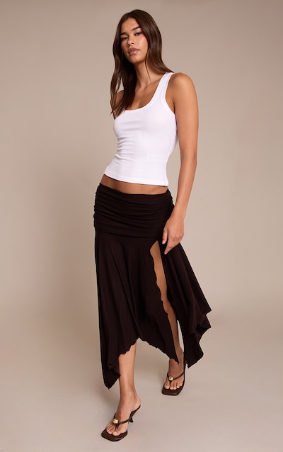 Chocolate Soft Touch Ruched Asymmetric Midi Skirt
