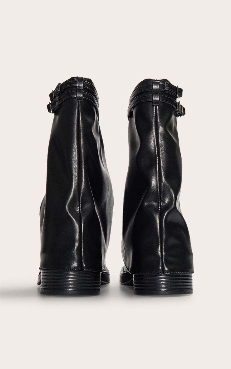 Black PU Round Toe Fold Over Buckle Strap Ankle Boots image 3