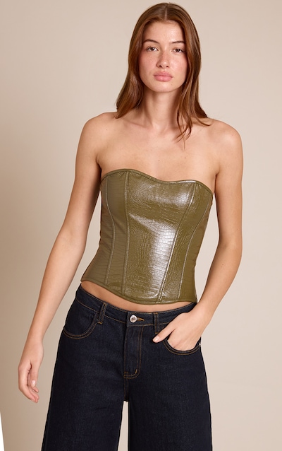 Olive Faux Leather Lace Back Bandeau Corset