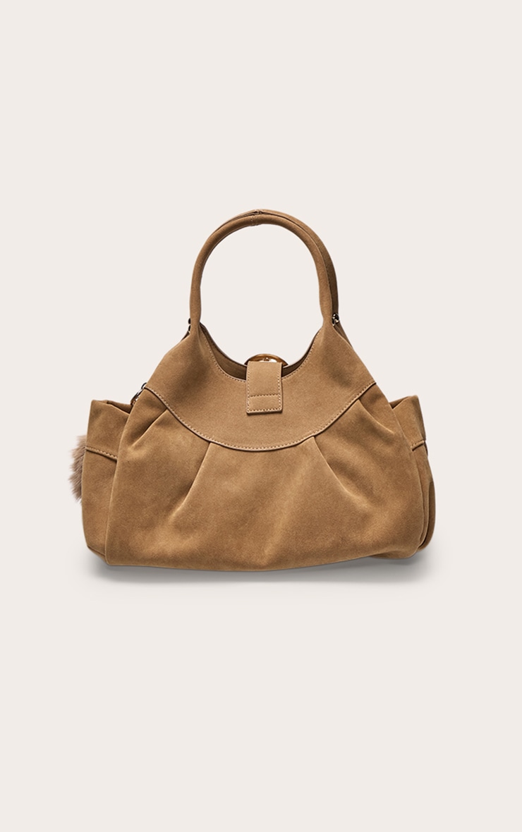 Camel Faux Suede Faux Fur Trim Handbag image 4