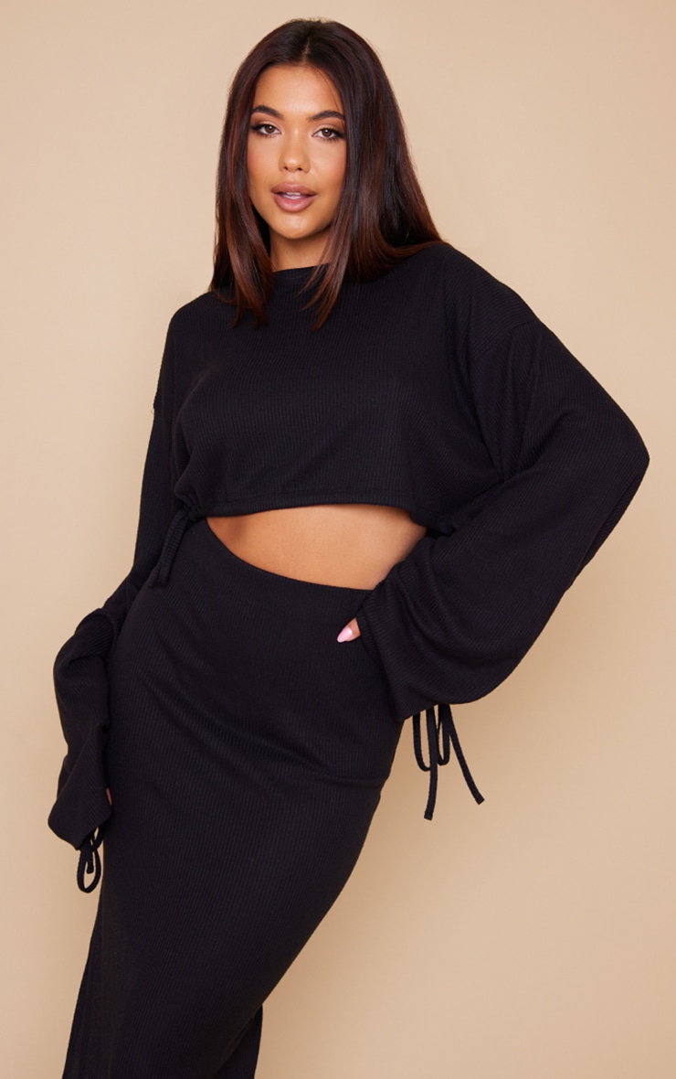 Black Rib Ruched Sleeve Elasticated Waist Crop Top