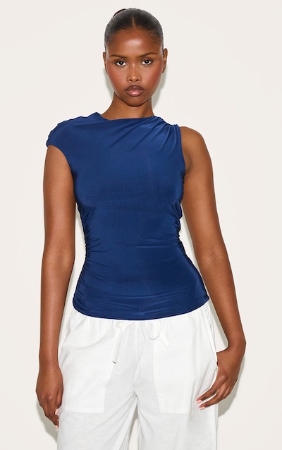 Navy Double Layer Slinky Ruched Detail Longline Top