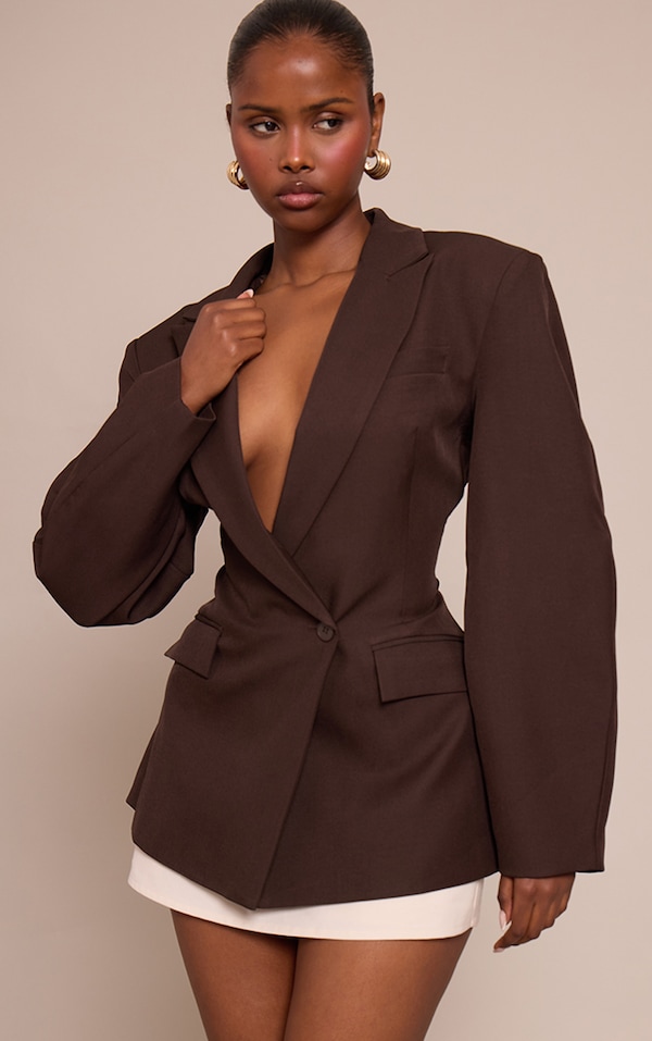 Chocolate Asymmetric Detail Cocoon Sleeve Blazer