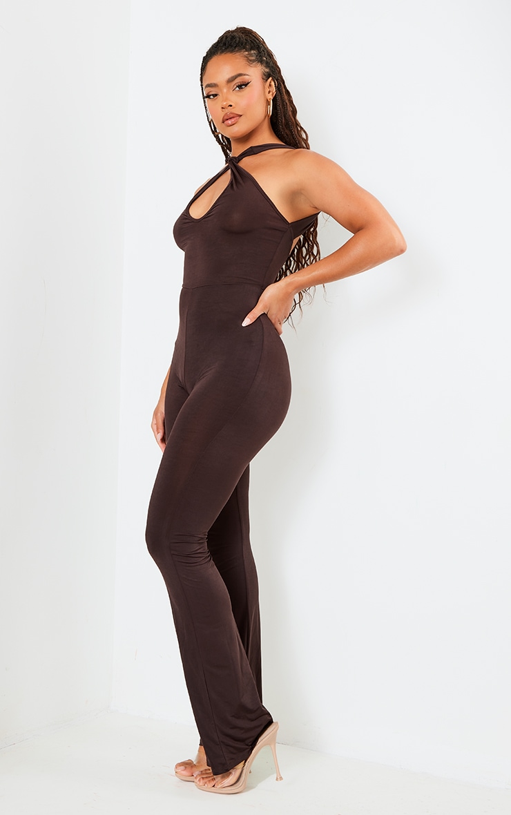 Chocolate Slinky Knot Back Flared Jumpsuit 1