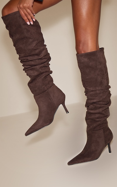 Bottes hautes en suédine chocolat froncées à talon