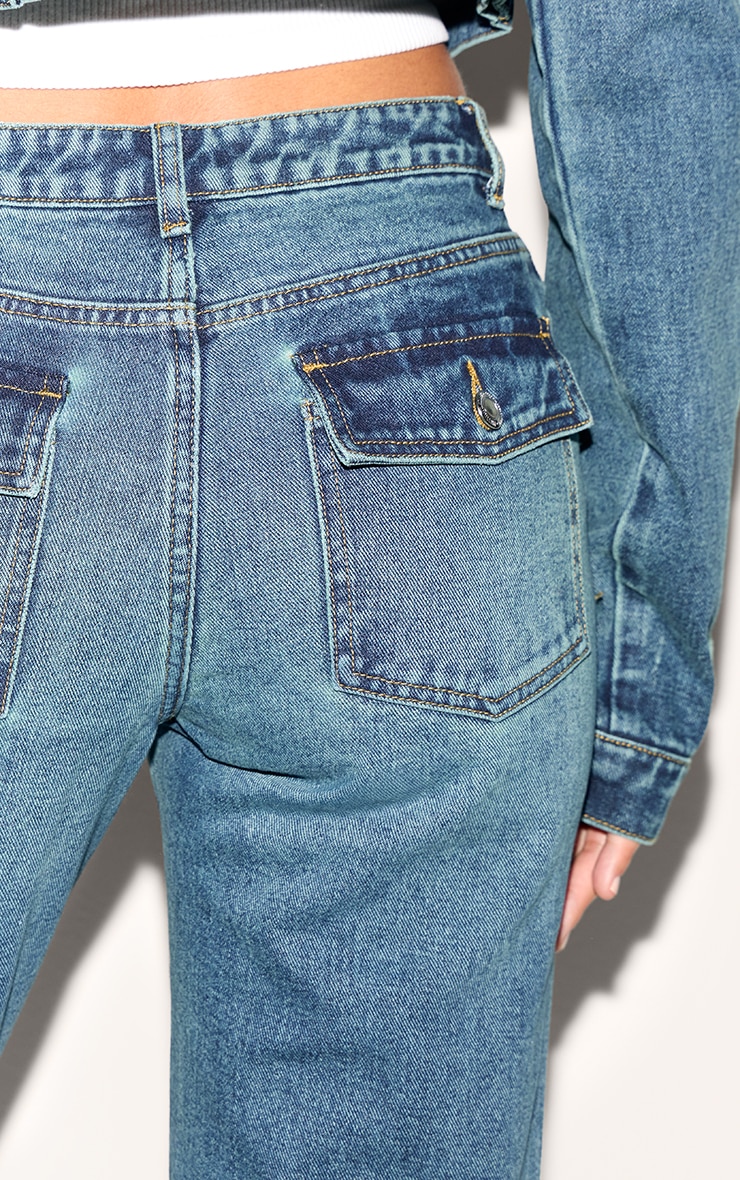 Tall Dark Blue Wash Back Pocket Detail Flare Jeans image 4